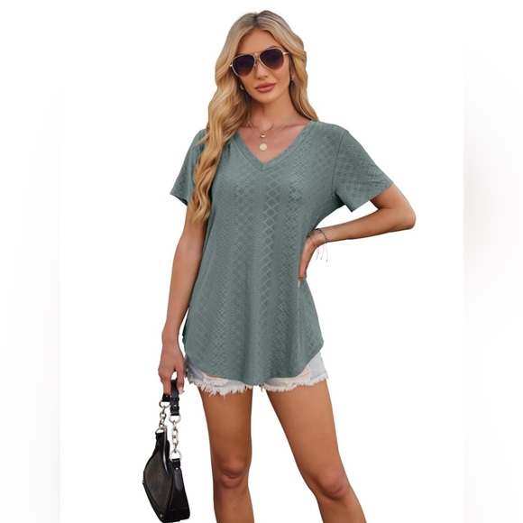 V-Neck Olive Green Short Sleeve Shirt - Picture 4 of 6